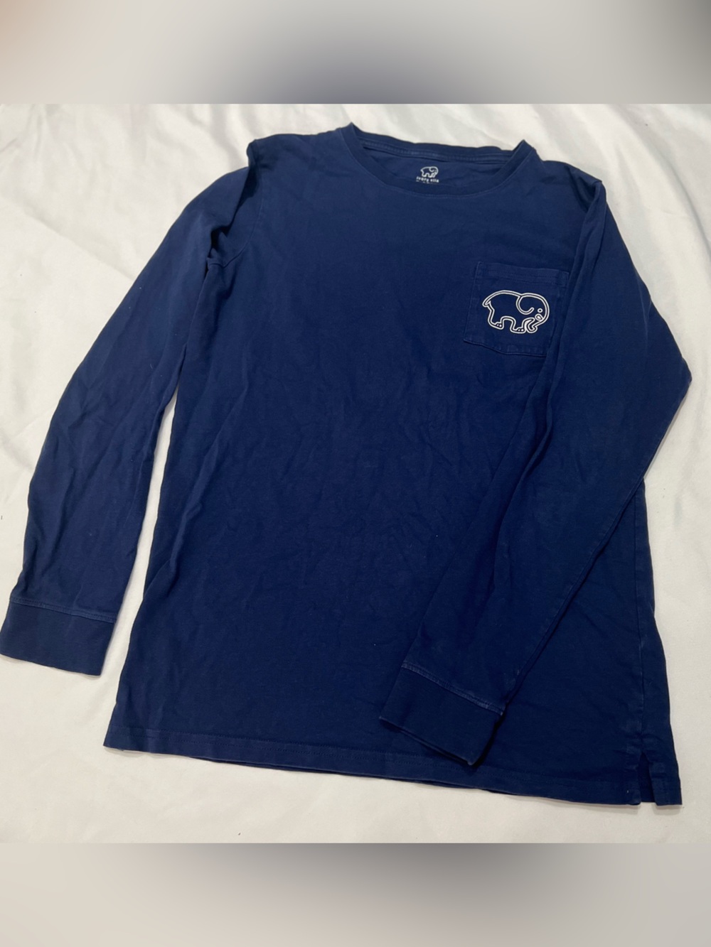 ivory ella Navy Long Sleeve Pocket Tee with White Elephant Logo